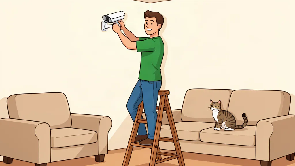 Cartoon of a homeowner installing a smart security camera and checking the live view on his phone